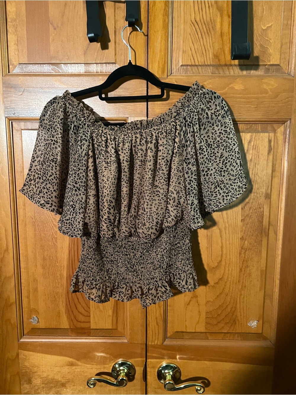 Smocked Off-Shoulder Leopard Print Blouse in Brown